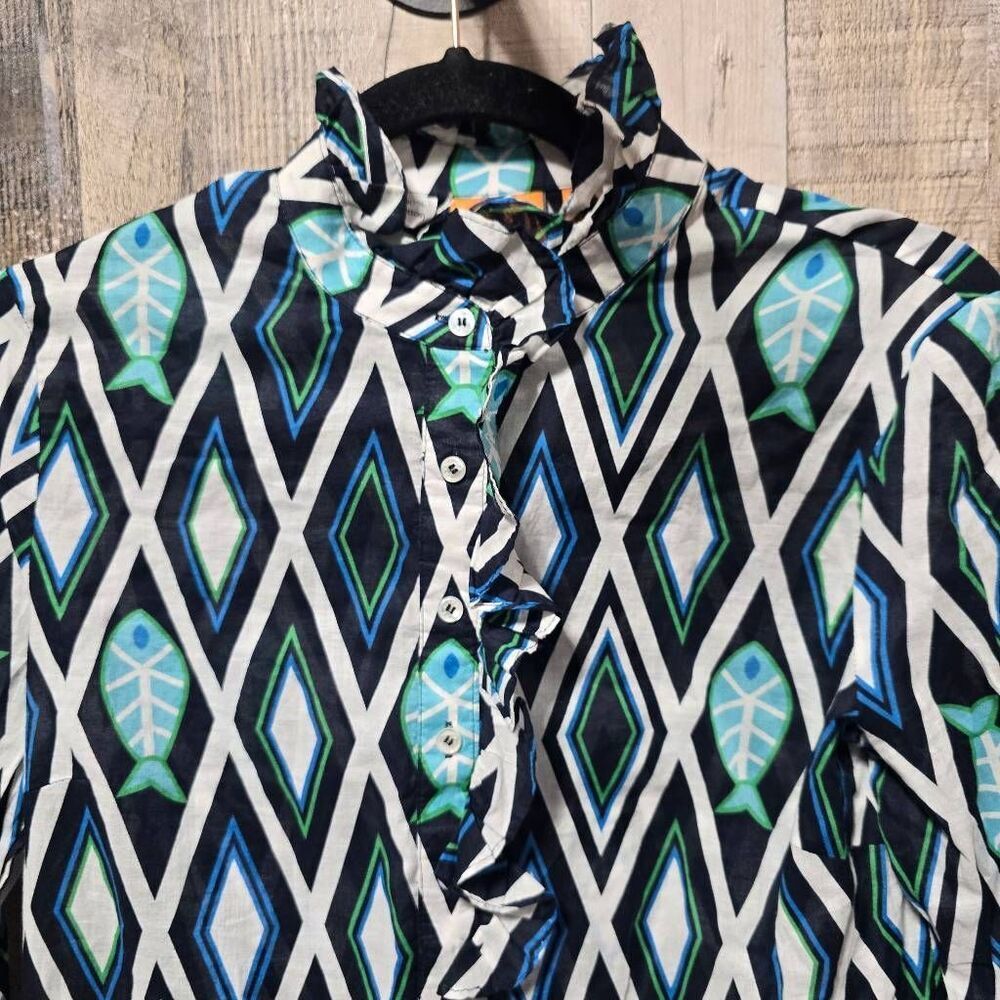 Tory Burch Geometric Print Fish Multicolor Ruffle Blouse - Picture 2 of 4